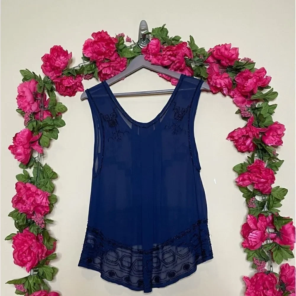 Free People Navy Blue Sheer Beaded Run With It Tank Top